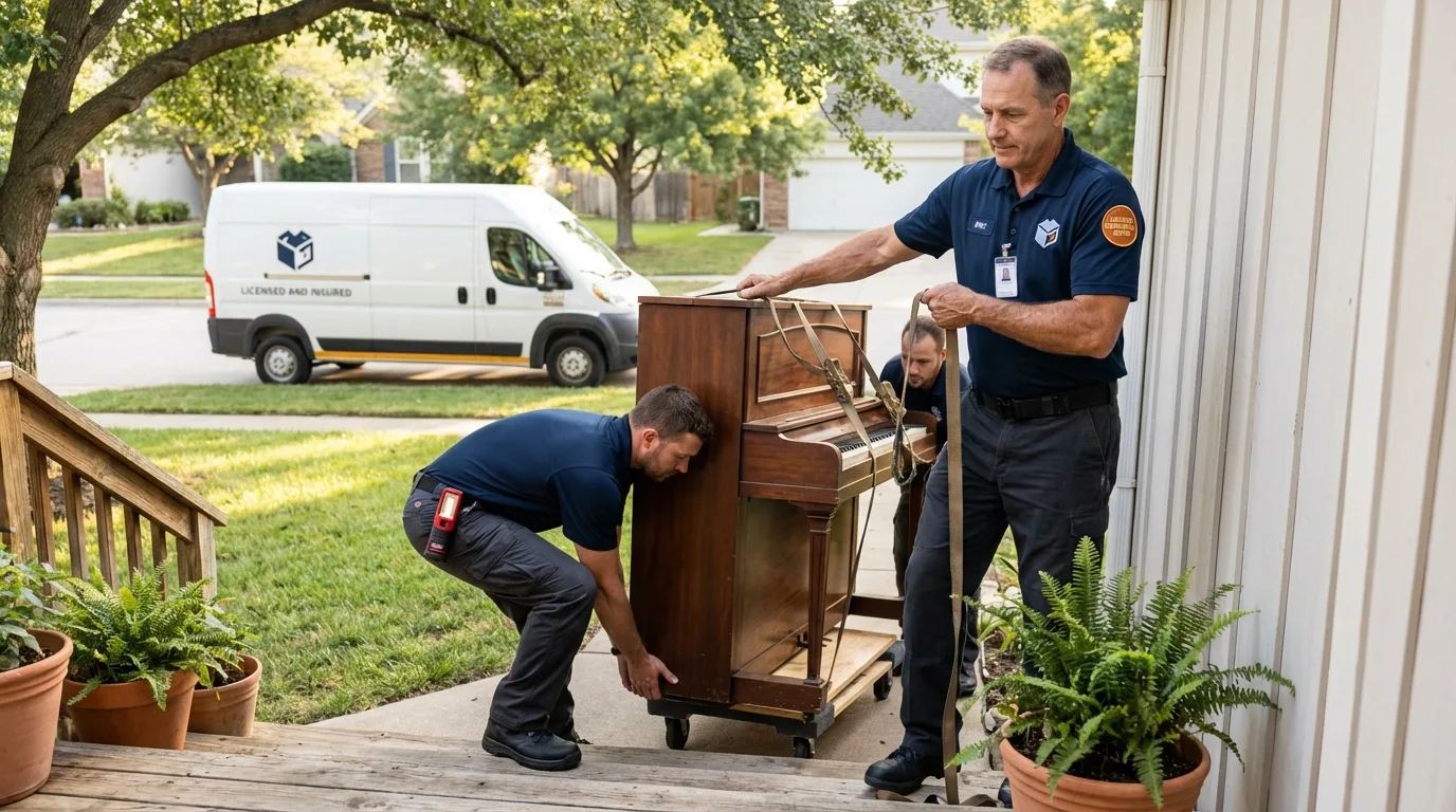 Licensed piano movers securing grand piano in Rome, IL
