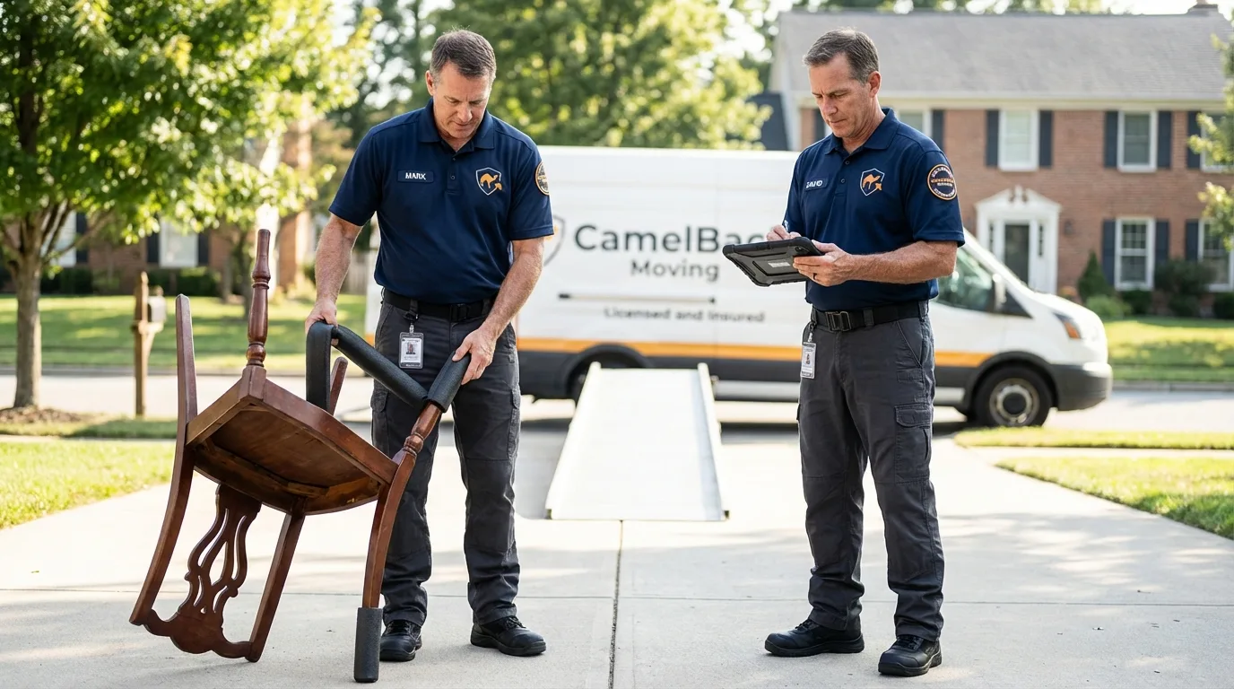 Movers inspecting furniture for damage prevention before loading in Rome, IL