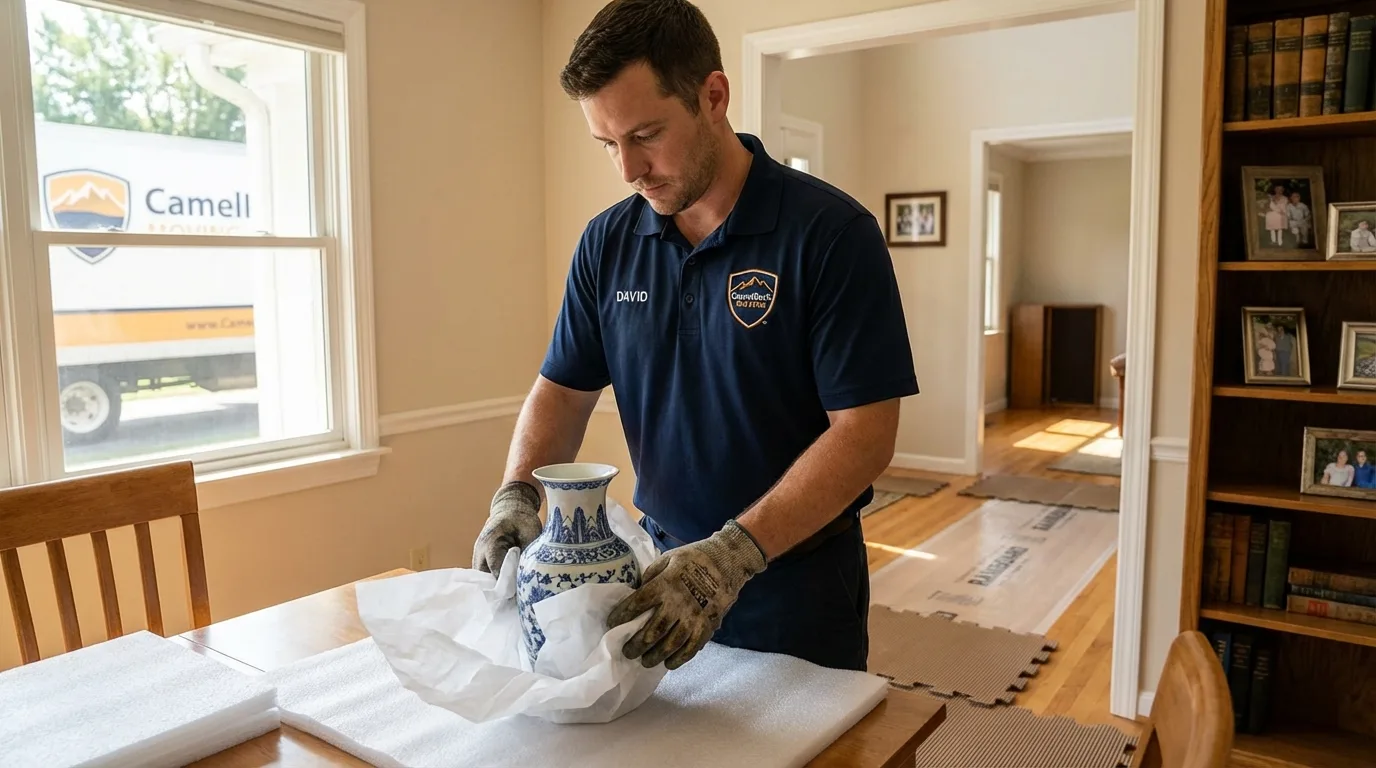Professional crew carefully wrapping antique vase for senior downsizing move in Rome, IL